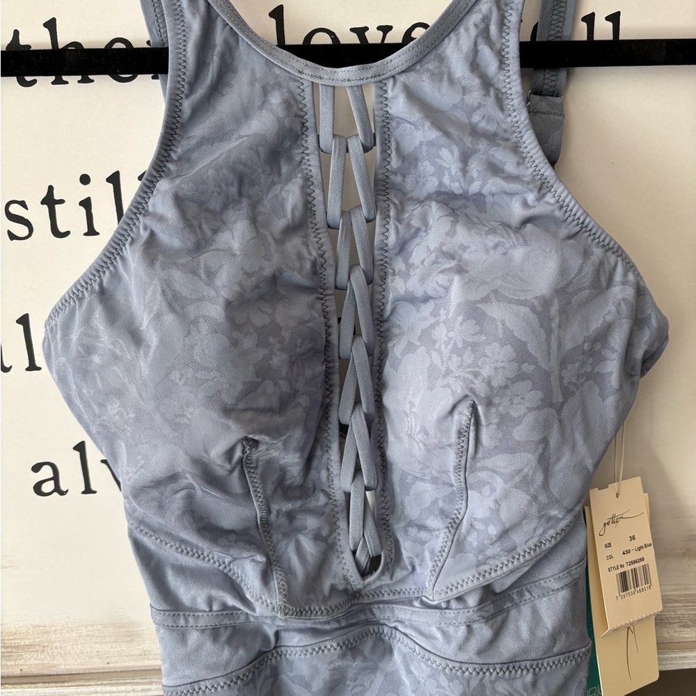 NWT Gottex Periwinkle Lavender High Neck Low Back One Piece Swimsuit.Laced Racer